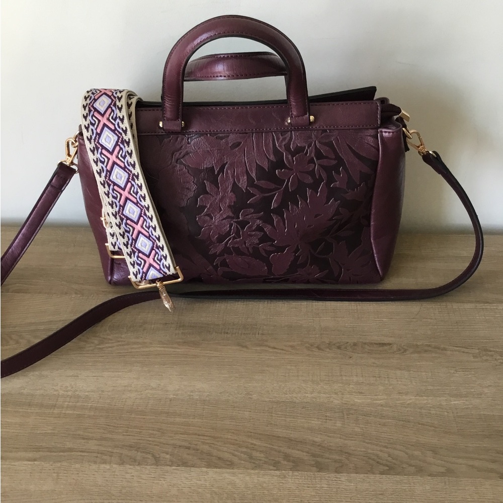 Mellow World Salome Floral Embossed Satchel Handbag Crossbody in Plum- 2 Straps